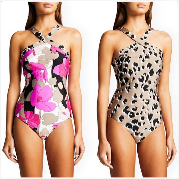 Trina Turk Lynx Reversible High Neck One Piece Swimsuit Floral Animal New NWT 12 - Picture 1 of 7